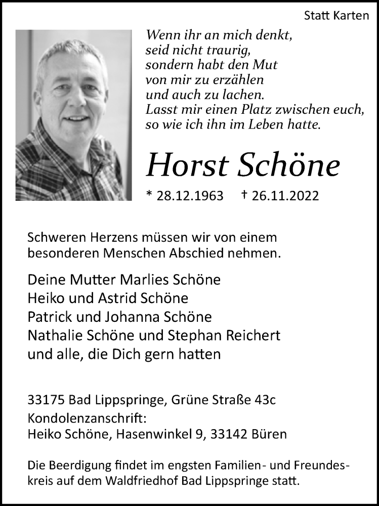  Traueranzeige für Horst Schöne vom 03.12.2022 aus Westfalen-Blatt