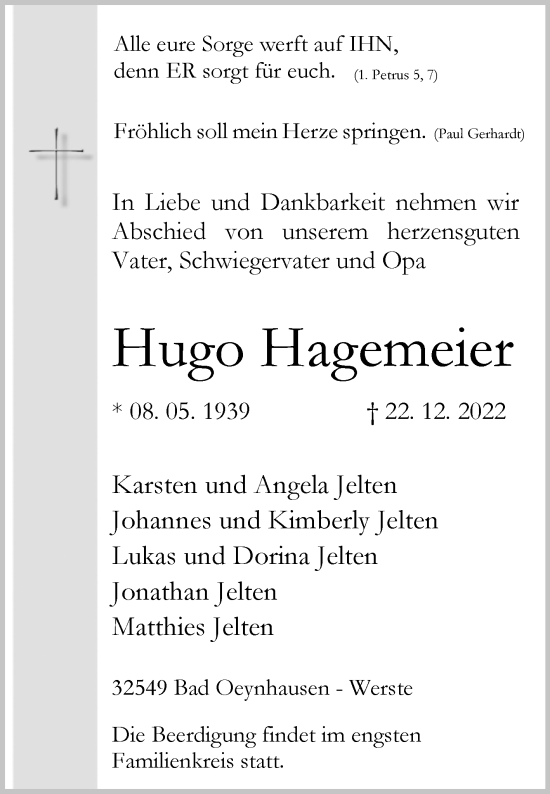 Traueranzeige von Hugo Hagemeier von Westfalen-Blatt