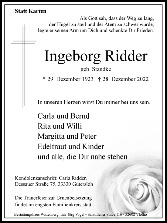 Traueranzeige von Ingeborg Ridder von Westfalen-Blatt