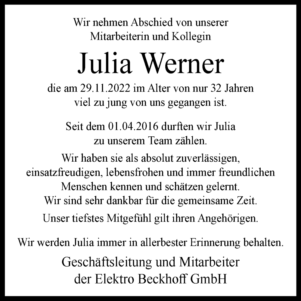  Traueranzeige für Julia Werner vom 10.12.2022 aus Westfalen-Blatt