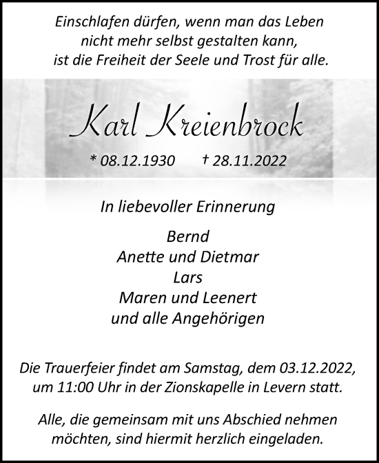 Traueranzeige von Karl Kreienbrock von Westfalen-Blatt