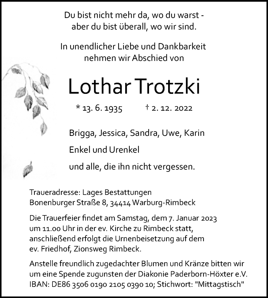  Traueranzeige für Lothar Trotzki vom 31.12.2022 aus Westfalen-Blatt