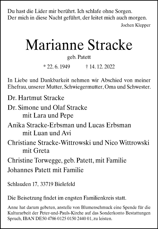 Traueranzeige von Marianne Stracke von Westfalen-Blatt
