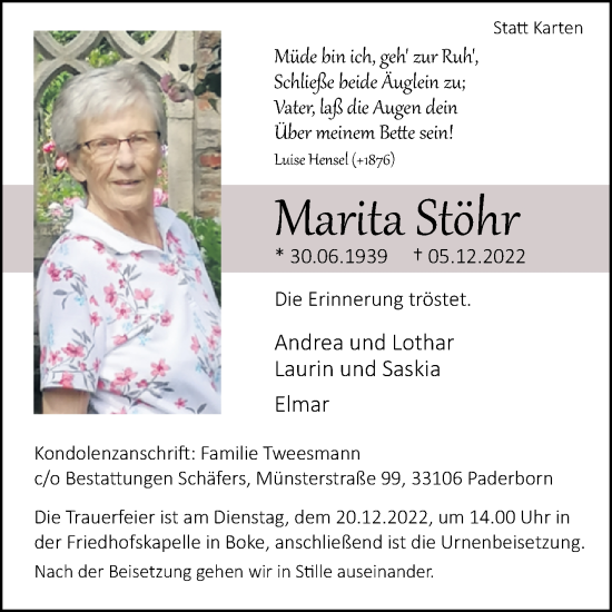 Traueranzeige von Marita Stöhr