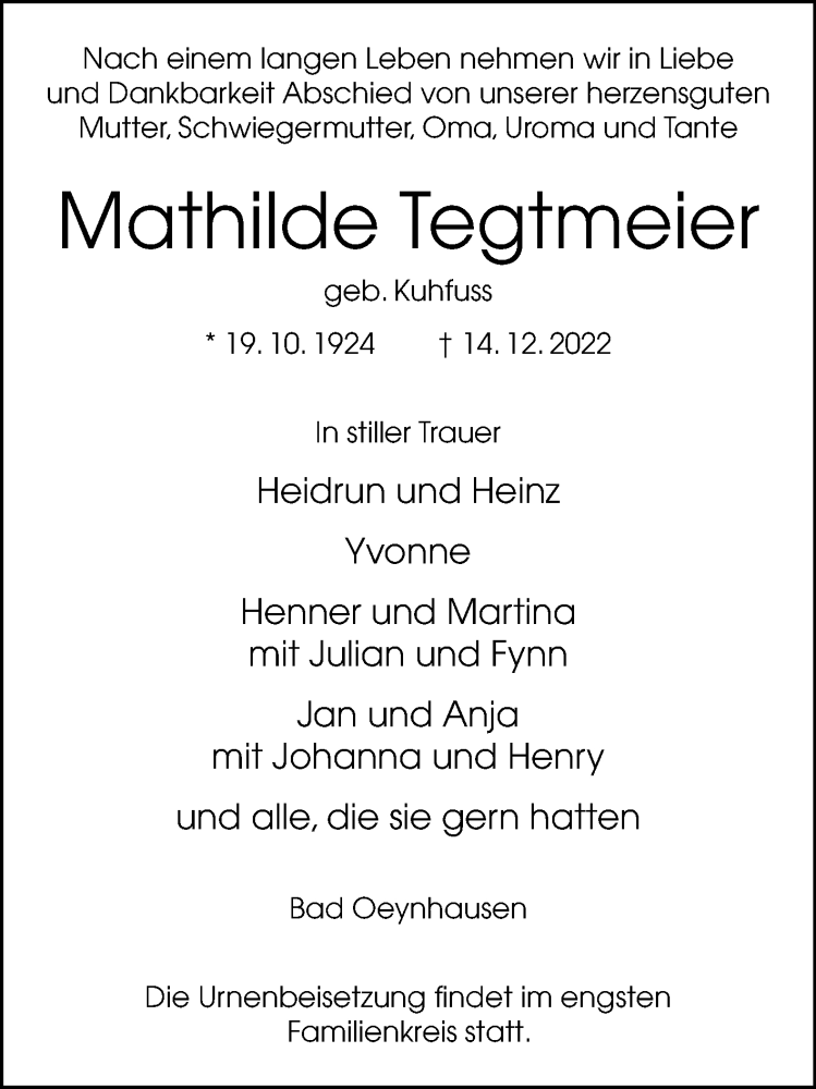  Traueranzeige für Mathilde Tegtmeier vom 17.12.2022 aus Westfalen-Blatt