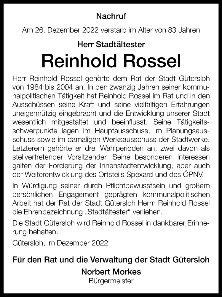  Traueranzeige für Reinhold Rossel vom 31.12.2022 aus Westfalen-Blatt