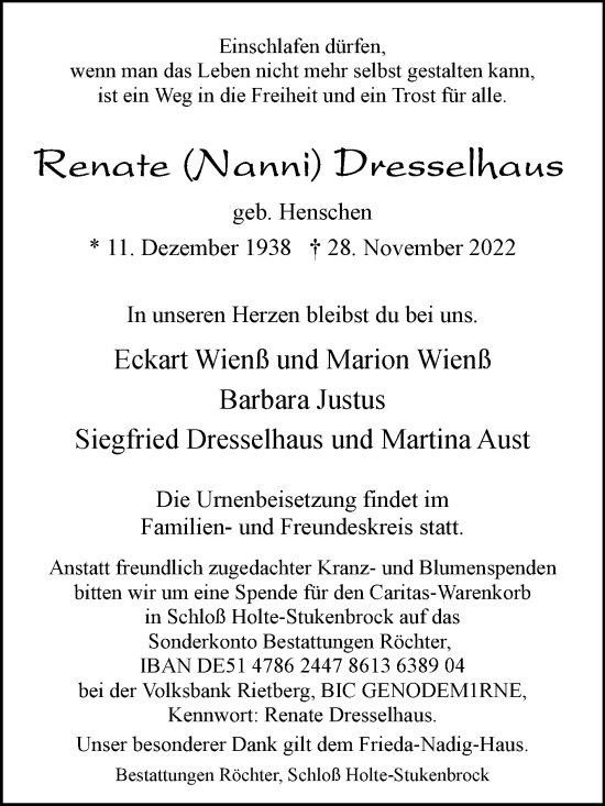 Traueranzeige von Renate Dresselhaus von Westfalen-Blatt