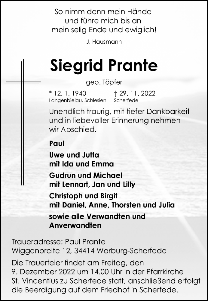  Traueranzeige für Siegrid Prante vom 03.12.2022 aus Westfalen-Blatt