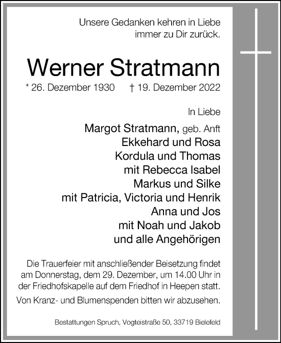 Traueranzeige von Werner Stratmann von Westfalen-Blatt