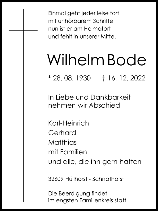 Traueranzeige von Wilhelm Bode von Westfalen-Blatt