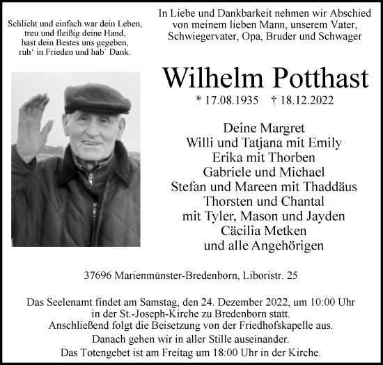 Traueranzeige von Wilhelm Potthast von Westfalen-Blatt