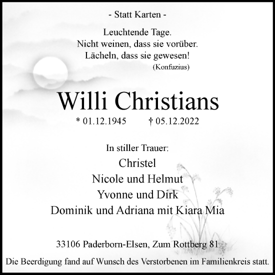 Traueranzeige von Willi Christians von Westfalen-Blatt