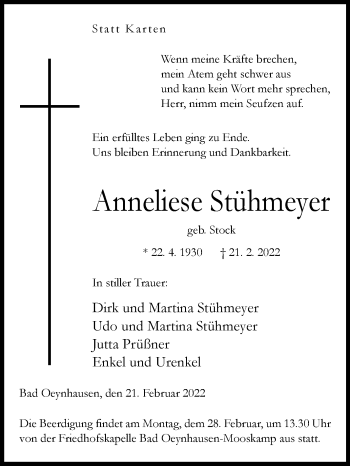 Traueranzeige von Anneliese Stühmeyer von Westfalen-Blatt