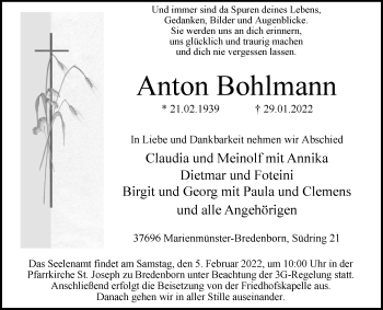 Traueranzeige von Anton Bohlmann von Westfalen-Blatt