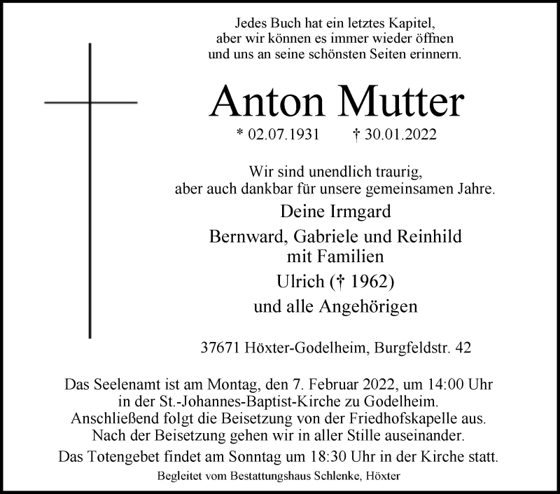  Traueranzeige für Anton Mutter vom 04.02.2022 aus Westfalen-Blatt