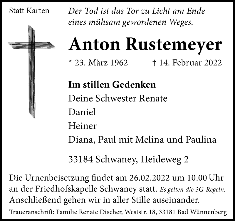  Traueranzeige für Anton Rustemeyer vom 24.02.2022 aus Westfalen-Blatt