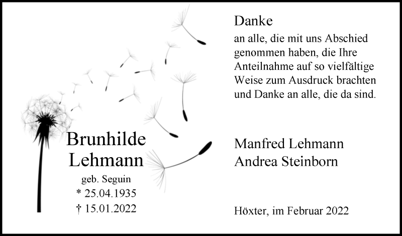  Traueranzeige für Brunhilde Lehmann vom 19.02.2022 aus Westfalen-Blatt