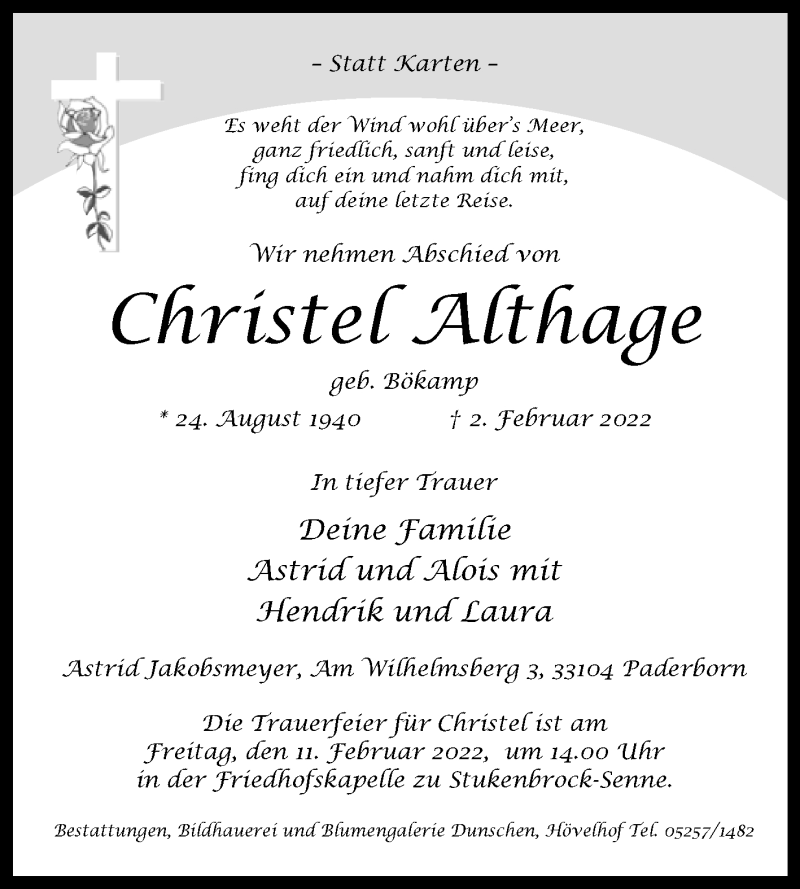  Traueranzeige für Christel Althage vom 05.02.2022 aus Westfalen-Blatt