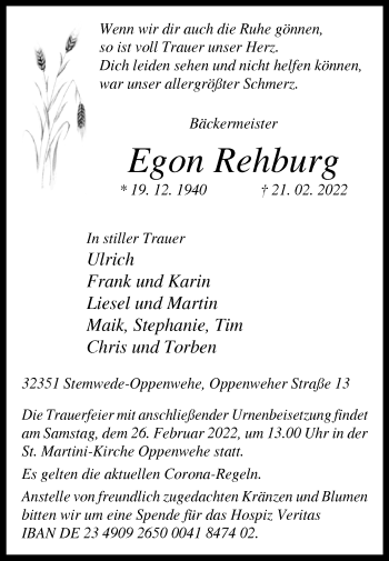 Traueranzeige von Egon Rehburg von Westfalen-Blatt