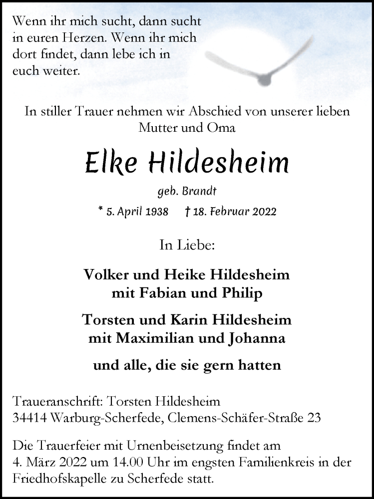  Traueranzeige für Elke Hildesheim vom 26.02.2022 aus Westfalen-Blatt