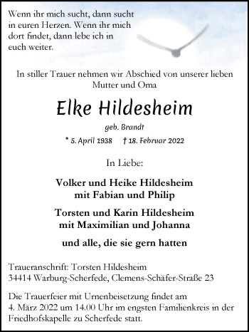 Traueranzeige von Elke Hildesheim von Westfalen-Blatt