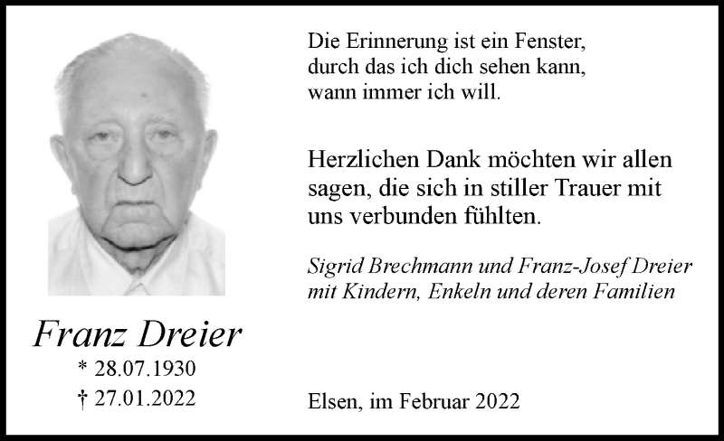  Traueranzeige für Franz Dreier vom 19.02.2022 aus Westfalen-Blatt