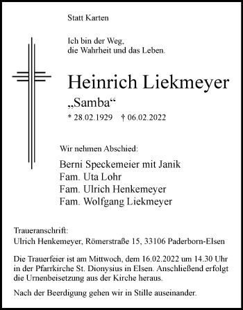Traueranzeige von Heinrich Liekmeyer von Westfalen-Blatt