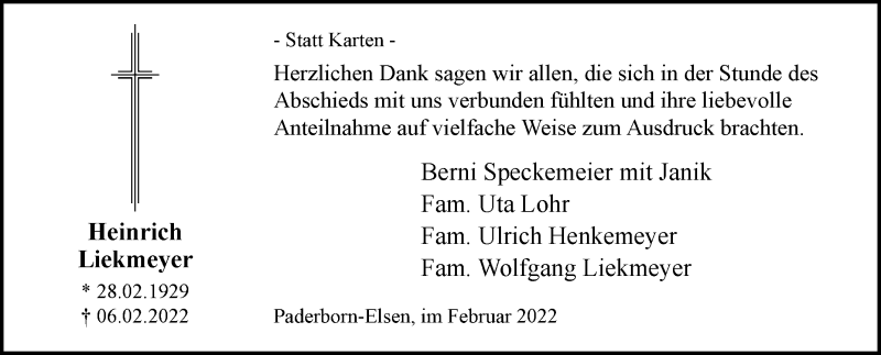  Traueranzeige für Heinrich Liekmeyer vom 26.02.2022 aus Westfalen-Blatt