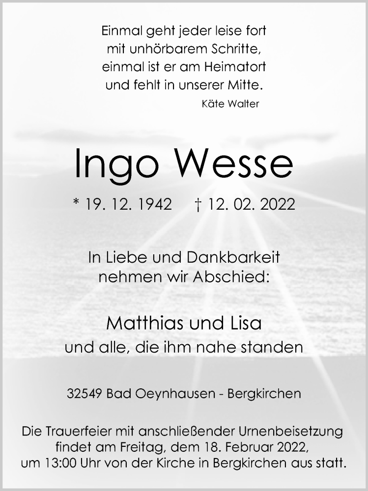  Traueranzeige für Ingo Wesse vom 16.02.2022 aus Westfalen-Blatt