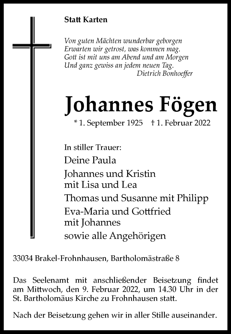  Traueranzeige für Johannes Fögen vom 05.02.2022 aus Westfalen-Blatt