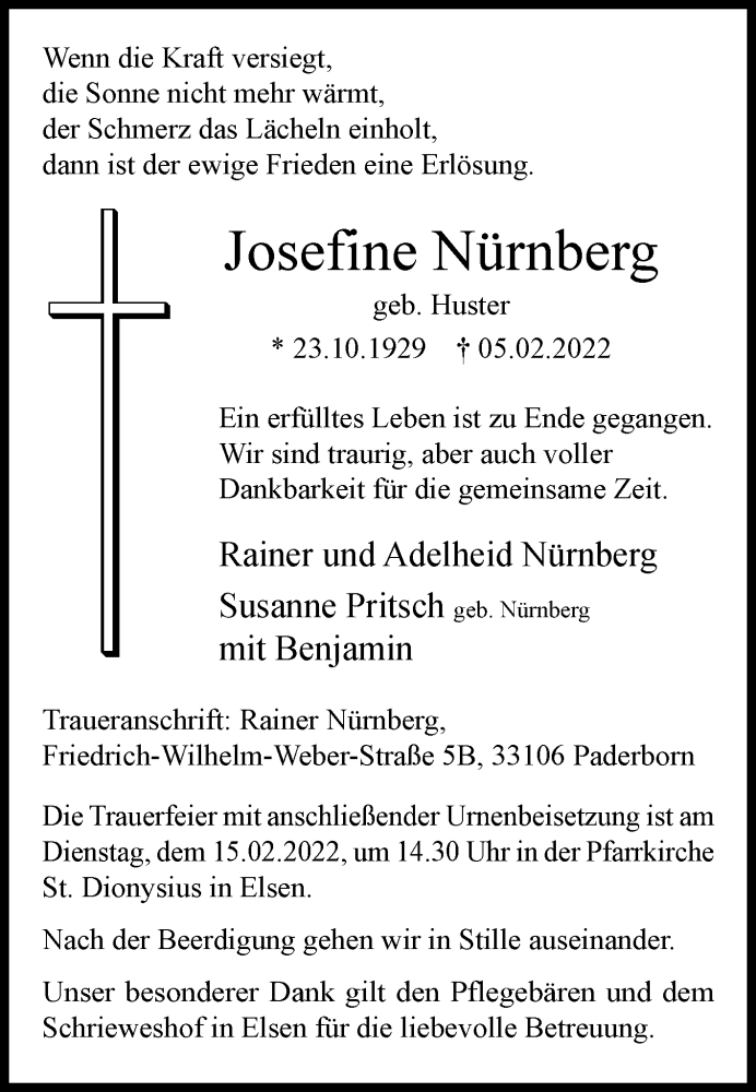  Traueranzeige für Josefine Nürnberg vom 09.02.2022 aus Westfalen-Blatt