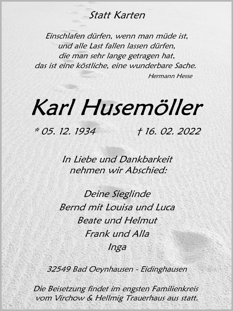  Traueranzeige für Karl Husemöller vom 19.02.2022 aus Westfalen-Blatt