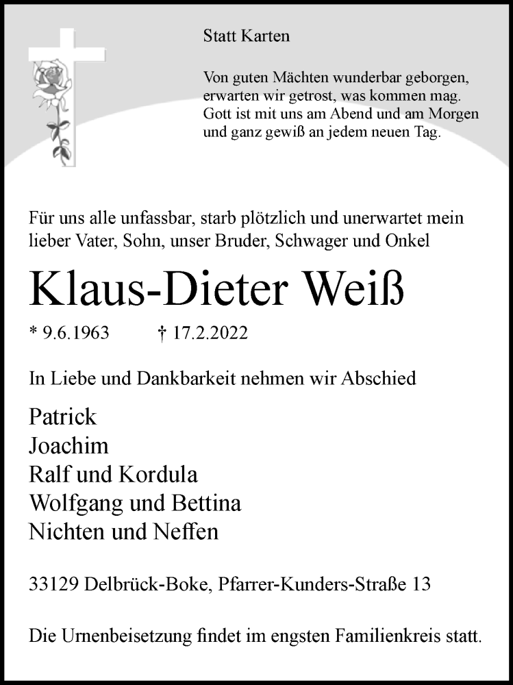  Traueranzeige für Klaus-Dieter Weiß vom 26.02.2022 aus Westfalen-Blatt