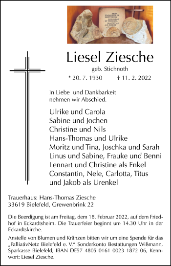 Traueranzeige von Liesel Ziesche von Westfalen-Blatt