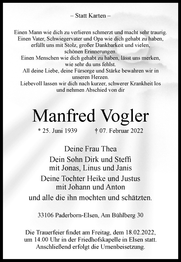  Traueranzeige für Manfred Vogler vom 12.02.2022 aus Westfalen-Blatt