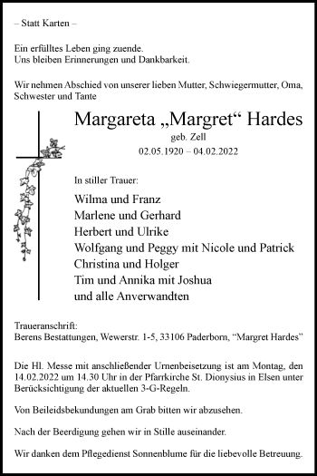 Traueranzeige von Margareta Hardes von Westfalen-Blatt