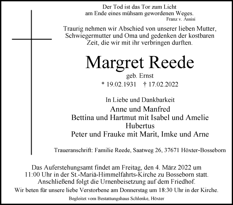 Traueranzeige für Margret Reede vom 26.02.2022 aus Westfalen-Blatt