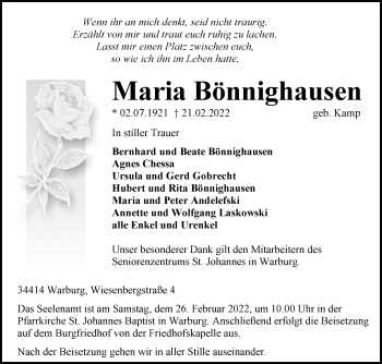 Traueranzeige von Maria Bönnighausen von Westfalen-Blatt