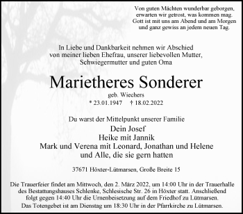 Traueranzeige von Marietheres Sonderer von Westfalen-Blatt