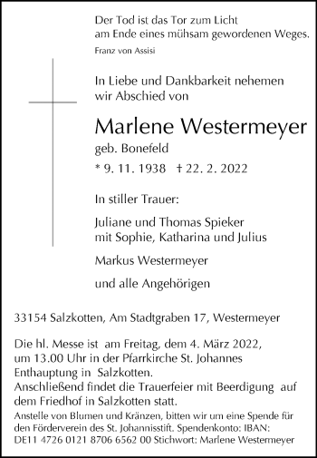 Traueranzeige von Marlene Westermeyer von Westfalen-Blatt