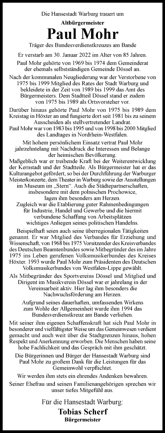 Traueranzeige für Paul Mohr vom 04.02.2022 aus Westfalen-Blatt