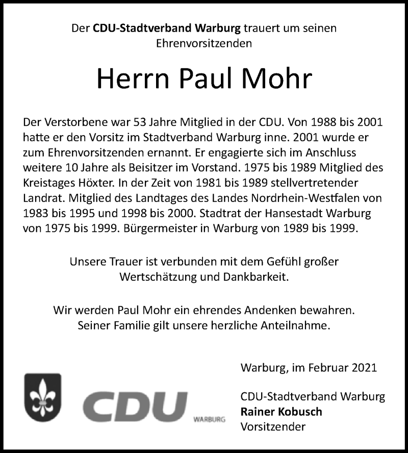  Traueranzeige für Paul Mohr vom 04.02.2022 aus Westfalen-Blatt