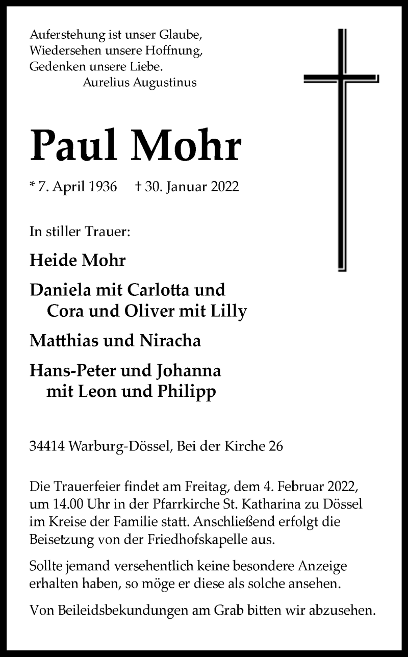  Traueranzeige für Paul Mohr vom 01.02.2022 aus Westfalen-Blatt