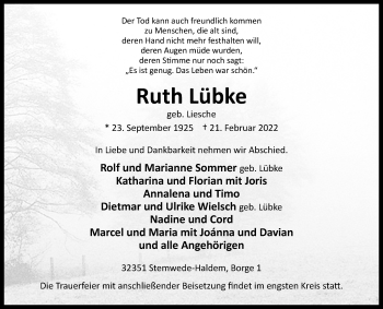 Traueranzeige von Ruth Lübke von Westfalen-Blatt