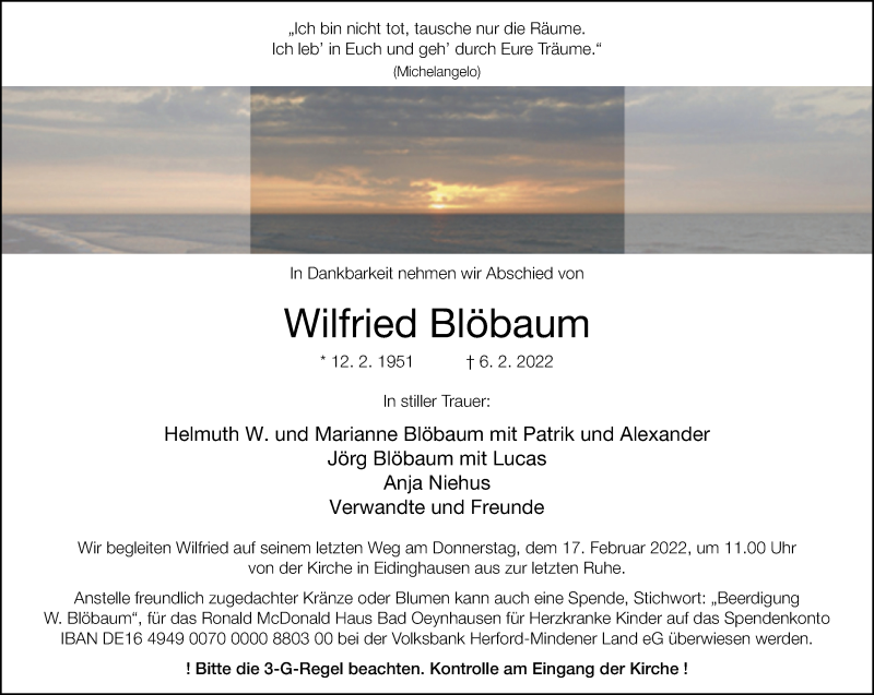  Traueranzeige für Wilfried Blöbaum vom 12.02.2022 aus Westfalen-Blatt