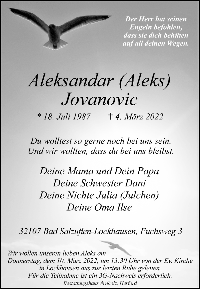  Traueranzeige für Aleksandar Jovanovic vom 08.03.2022 aus Westfalen-Blatt