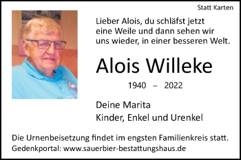 Traueranzeige von Alois Willeke von Westfalen-Blatt