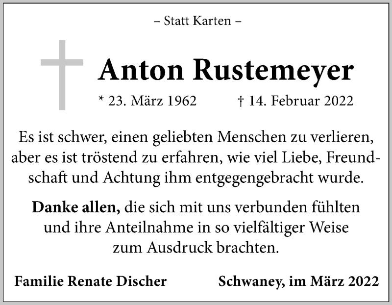 Traueranzeige für Anton Rustemeyer vom 19.03.2022 aus Westfalen-Blatt