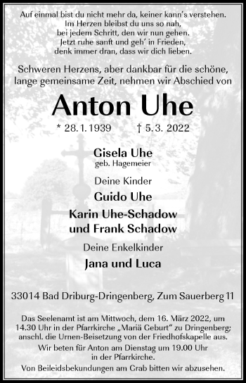 Traueranzeige von Anton Uhe von Westfalen-Blatt