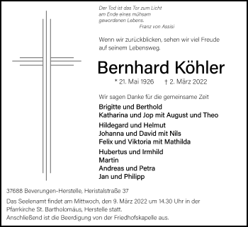 Traueranzeige von Bernhard Köhler von Westfalen-Blatt